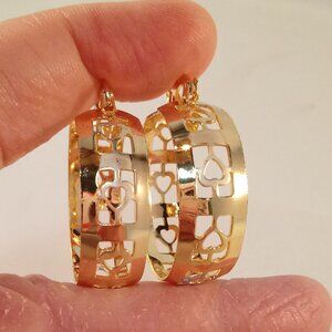 18K Yellow Gold Filled 3 Color Bohemian Wide Heart Carve Circle Hoop Earrings